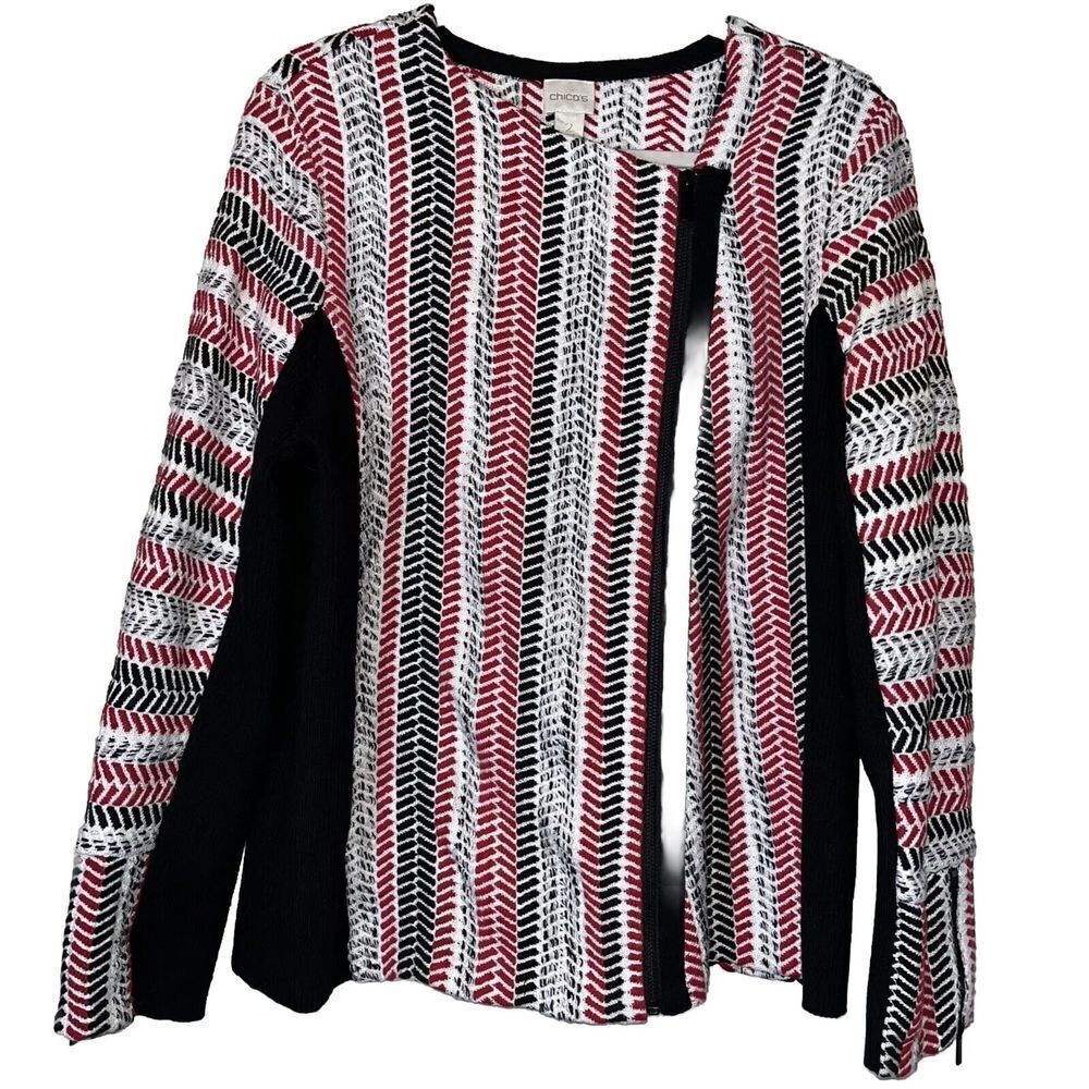 Chicos Sofia Cardigan Jacket Wmn’s Sz 2 Textured Zip Up Moto Black Red